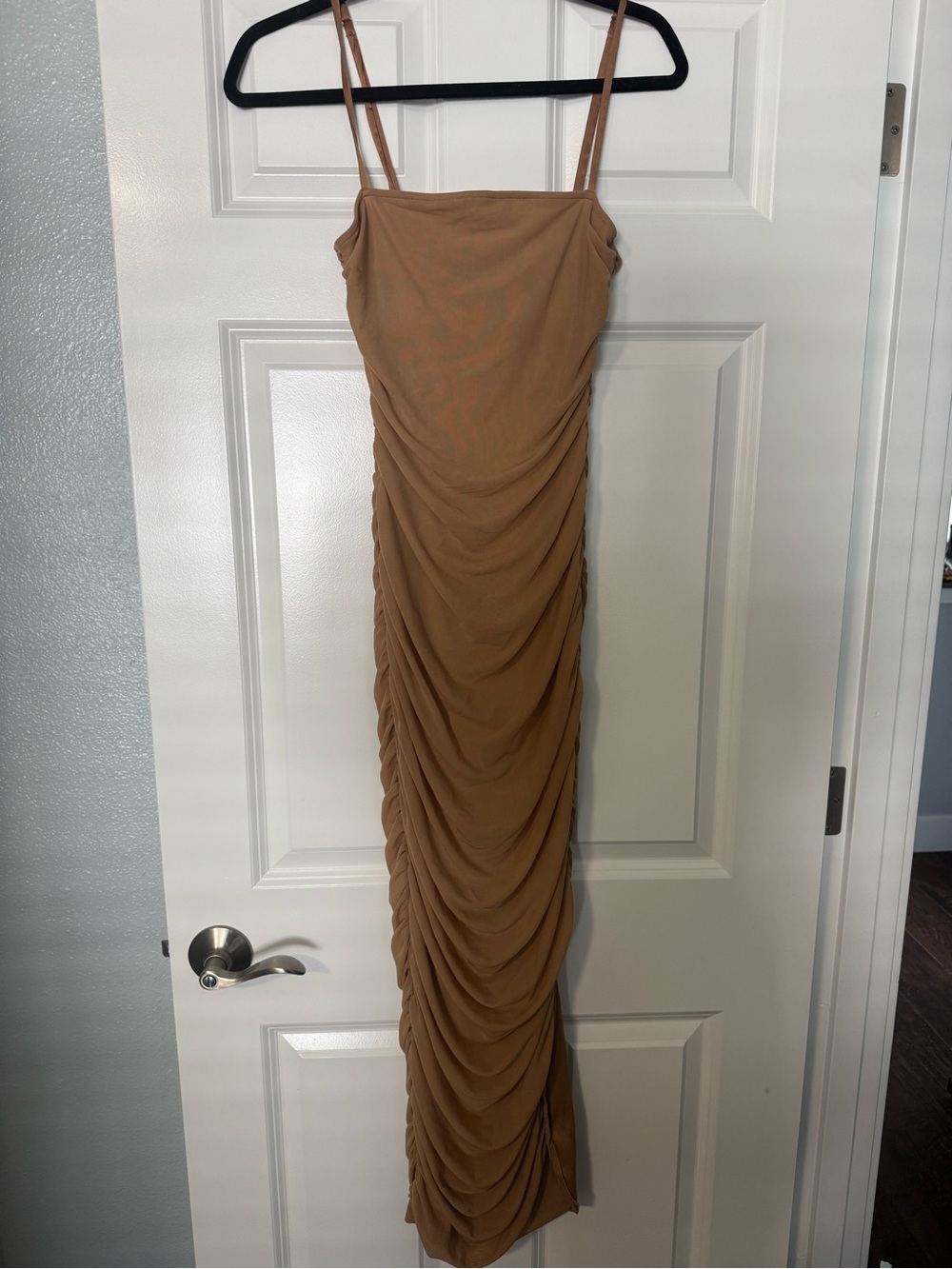 Fashion Nova Tan Ruched Bodycon Maxi Dress